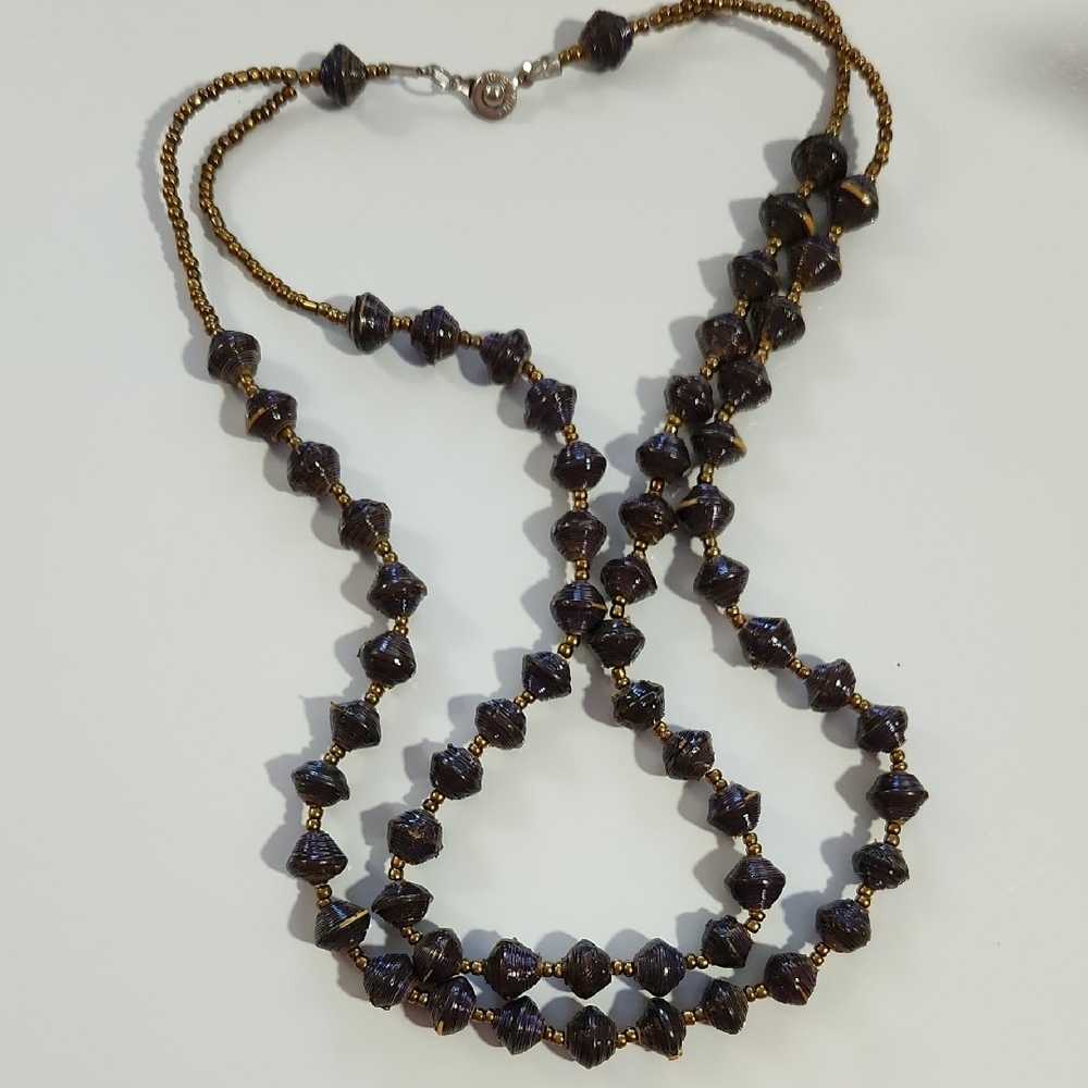 Elegant Signed Teng Yue Beaded Paper Necklace in Purple and Gold